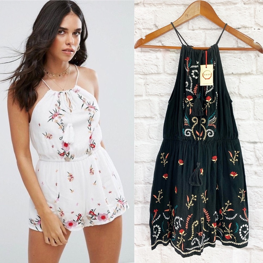 RAGA Flora Black Embroidered Halter Romper New Boho Anthropologie